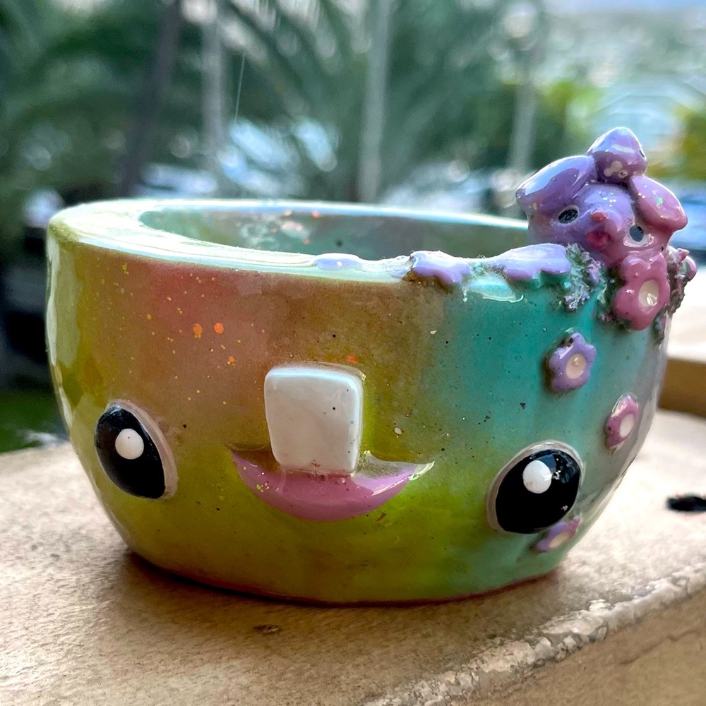 Colorful whimsical concrete handmade Planter with Cute Face
